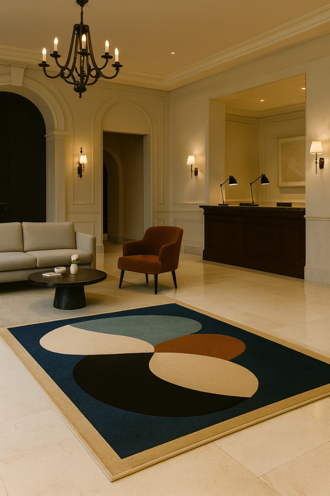 Tappeto d'arredamento intarsiato su misura in un ambiente di design