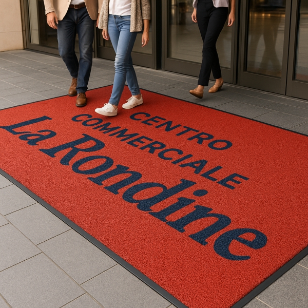 Zerbino in PVC drenante con bordi rinforzati anti-inciampo in un ingresso commerciale