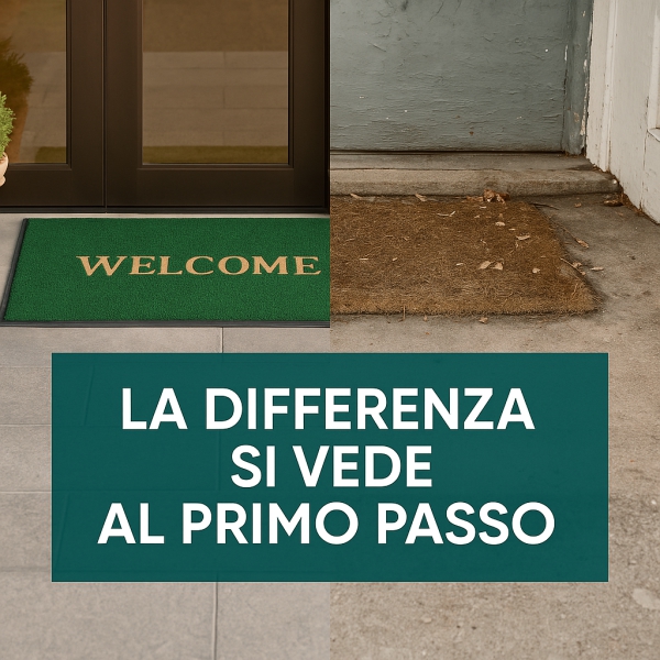 Confronto tra uno zerbino personalizzato nuovo e uno consumato dall’uso