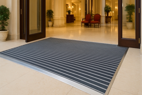 Zerbino tecnico in alluminio a incasso in un ingresso di hotel